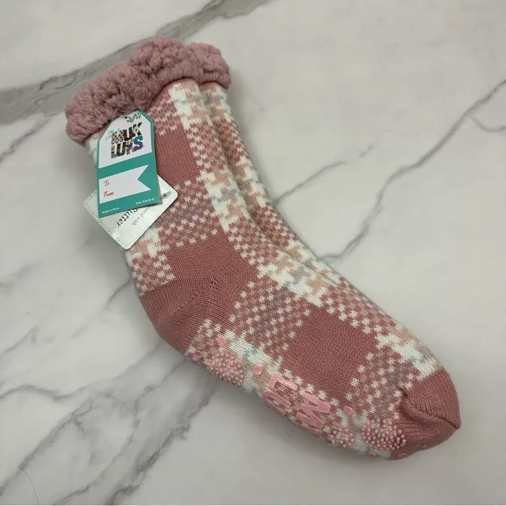 Muk Luks Pink Plaid Print Fluffy Cozy Cabin Flannel Socks NWT Size Small/Medium